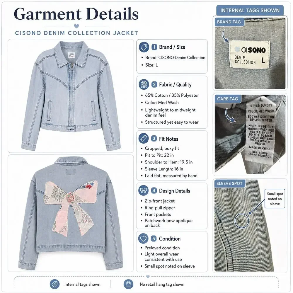 Denim Jacket Women‎ Large Cropped Bow Embroidered Applique Coquette Light Wash